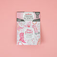 Load image into Gallery viewer, The Fresh Scents Disco Cowgirl - Sachet 2pk features a pink and white package with disco balls, cowgirl boots, and stars. Each pack includes two scented sachets, ideal for adding fragrance to small spaces without a flame.