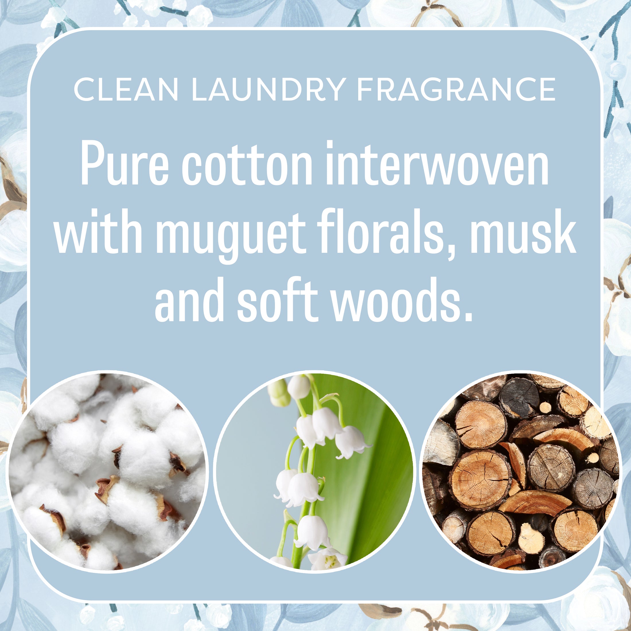 A promotional graphic with text reading, Fresh Scents White Cotton - Sachet 3pk. Pure cotton, lily of the valley, musk, and soft woods for a long-lasting fragrance above images of cotton, florals, and wood pieces.