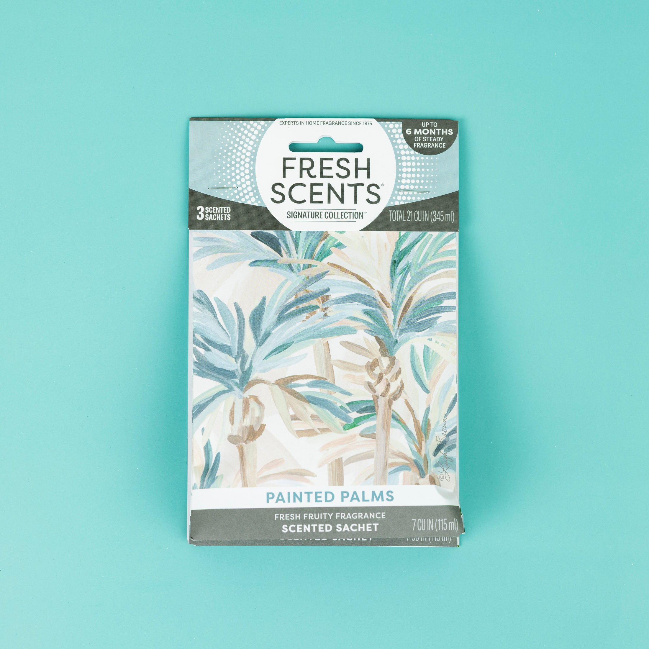 The Fresh Scents Painted Palm - Sachet 3pk features palm tree designs on turquoise, offering a fresh fruity fragrance in three long-lasting flameless sachets.