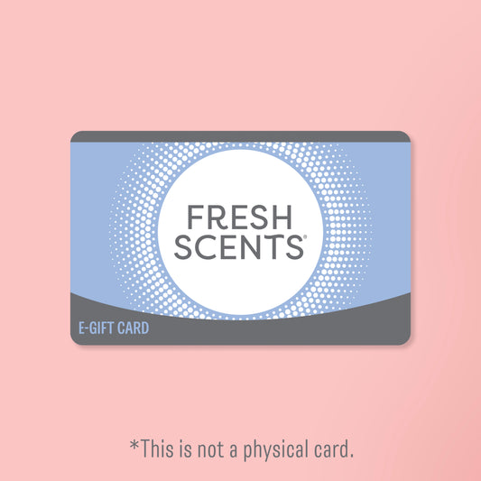 The Fresh Scents Gift Card by Fresh Scents features a blue and gray design on a pink background. *This is not a physical card. Ideal for gifting your favorite fragrances via email.