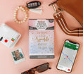 Load image into Gallery viewer, Flat lay featuring a purse, car keys, sunglasses, instant camera, photos, a Fresh Scents Little Sparkle - Sachet 3pk with “She leaves a little sparkle wherever she goes,” and a phone showing maps—all on a tan background.
