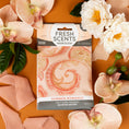 Load image into Gallery viewer, The Fresh Scents Summer Romance - Sachet 3pk rests on a brown surface among pale pink flowers, white roses, green leaves, and a soft pink ribbon—a flameless, long-lasting air freshener for any space.
