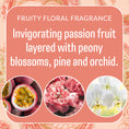Load image into Gallery viewer, A graphic with text: Fruity Floral Fragrance. Summer Romance - Sachet 3pk by Fresh Scents features passion fruit, peony, and orchid scents—ideal for flameless fragrance or scented sachets. Includes images of passion fruit, peony, and orchids.
