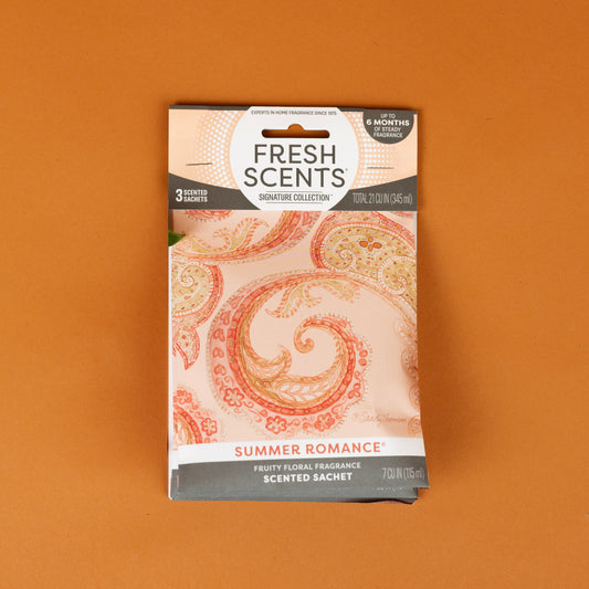 Fresh Scents Summer Romance - Sachet 3pk features pink and orange paisley designs. These long-lasting sachets offer a fruity floral scent, making them the perfect flameless air freshener for any room. Includes 3 sachets.