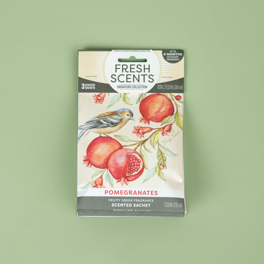The Fresh Scents Pomegranate - Sachet 3pk delivers a long-lasting, flameless fragrance to keep your spaces fresh and inviting.