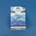 Load image into Gallery viewer, A Fresh Scents Adventure Mountain - Sachet 3pk, featuring blue mountain artwork and the phrase "Everyday is a new adventure," rests on a blue surface, emphasizing long-lasting freshness.
