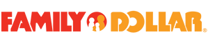 Family Dollar logo with bold red FAMILY and bold orange DOLLAR, featuring stylized figures inside the letter O.