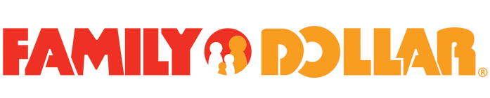 Family Dollar logo with bold red FAMILY and bold orange DOLLAR, featuring stylized figures inside the letter O.