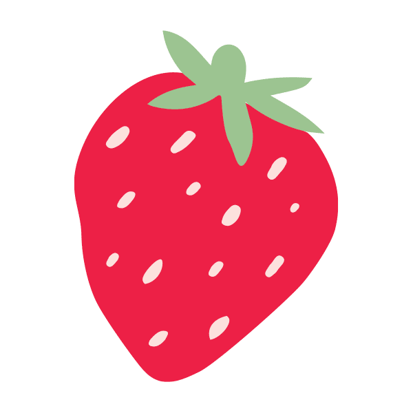 A simple illustration of a bright red strawberry with light green leaves and white seeds, set against a plain light gray background.