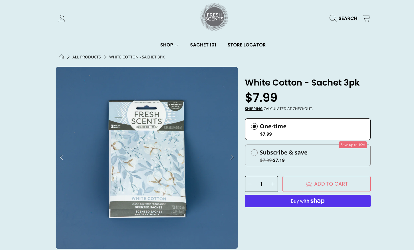 A product page for Fresh Scents White Cotton Sachet 3pk priced at $7.99. The product box with a floral design is centered on a blue background. Purchase and subscription options are visible on the right.