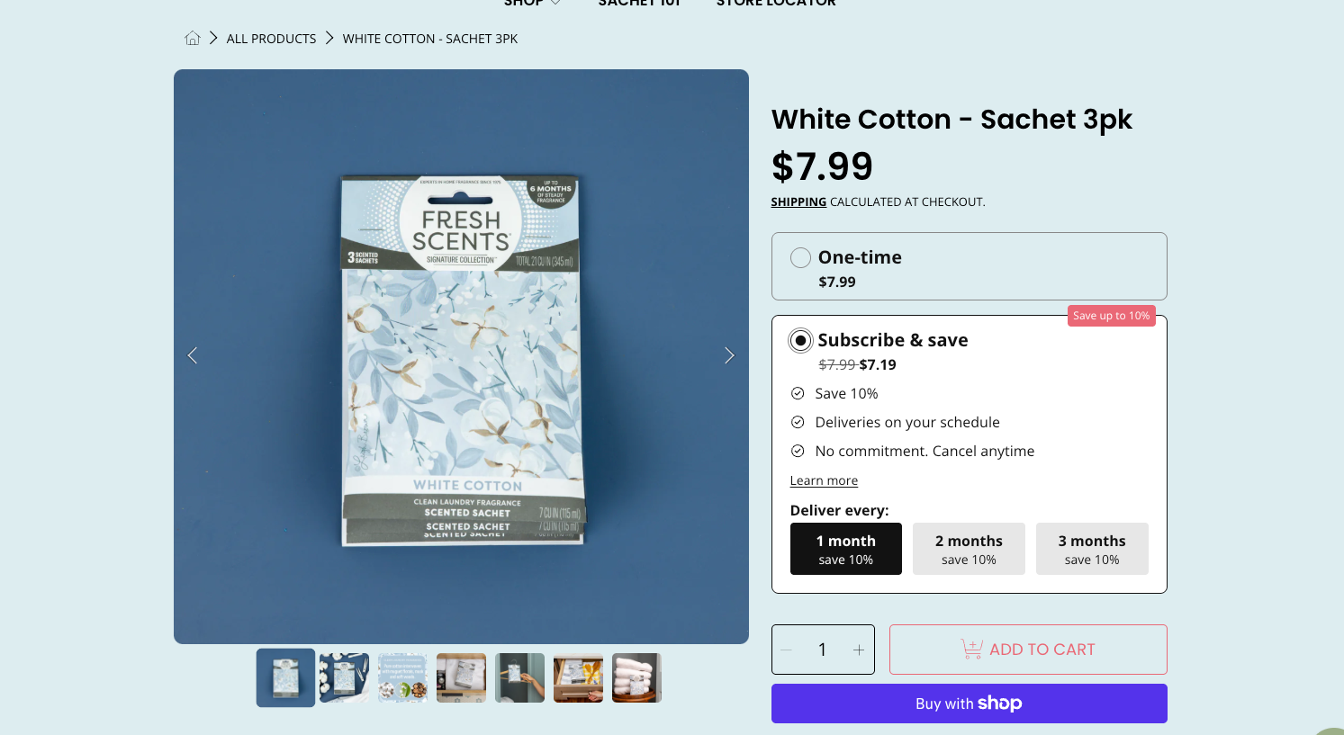 Screenshot of an online store page featuring a “Fresh Scents” White Cotton Sachet 3-pack for $7.99, with options to subscribe and save or add to cart. The sachet box has a blue floral design.
